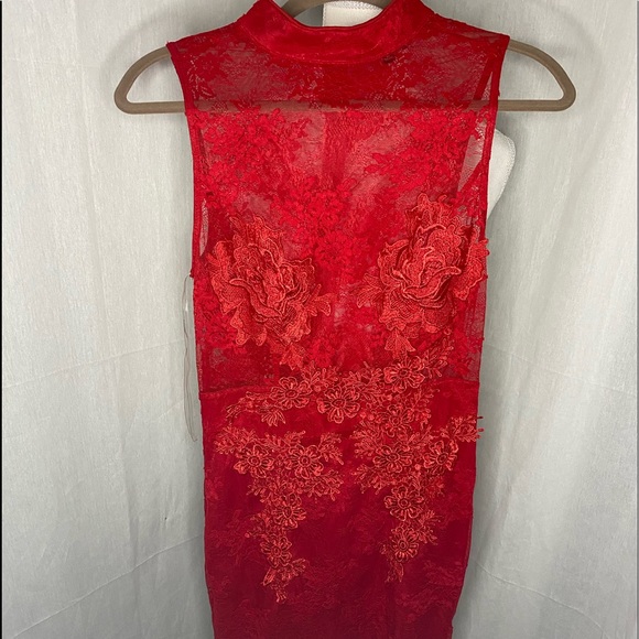 Red Lace Mock Neck Mini Dress Size Medium - Picture 2 of 4
